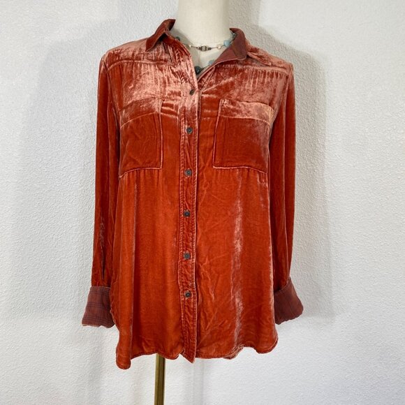 Anthro Holding Horses Rust Silk Blend Crushed Velvet Button Down Blouse Shirt XS - Picture 4 of 16